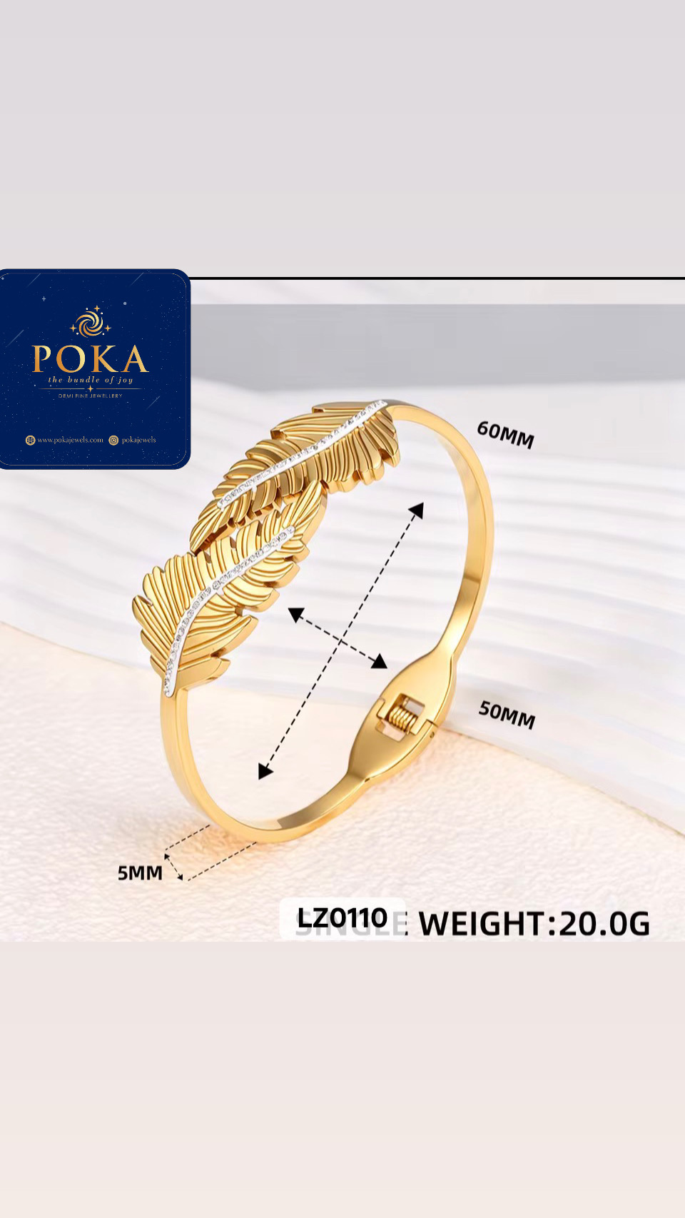 18K Gold Plated Feather Cuff Bangle – Aira — POKA demi-fine jewellery (view 3)