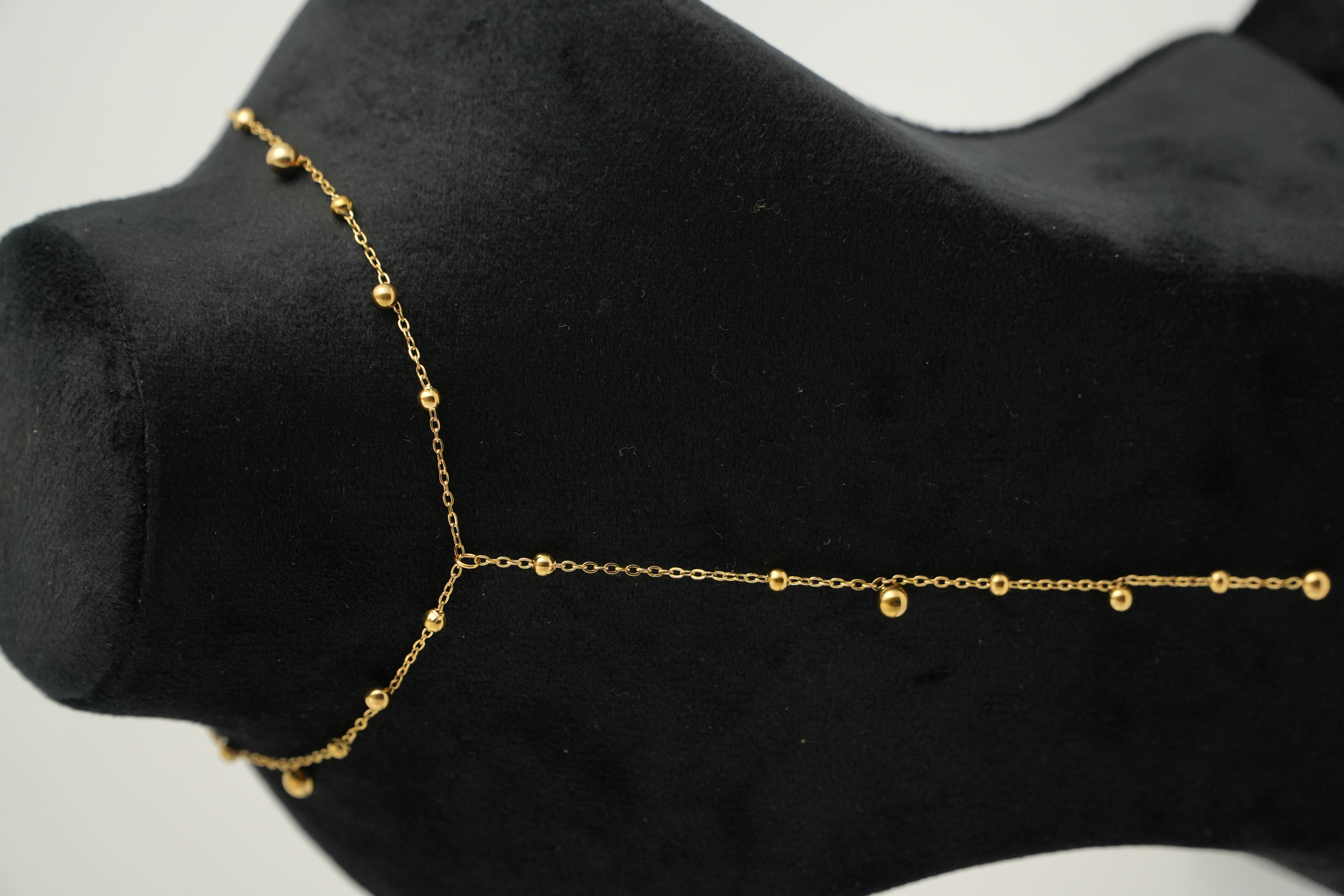 18K Gold Plated long small Bead Necklace – Golden Orb — POKA demi-fine jewellery (view 2)